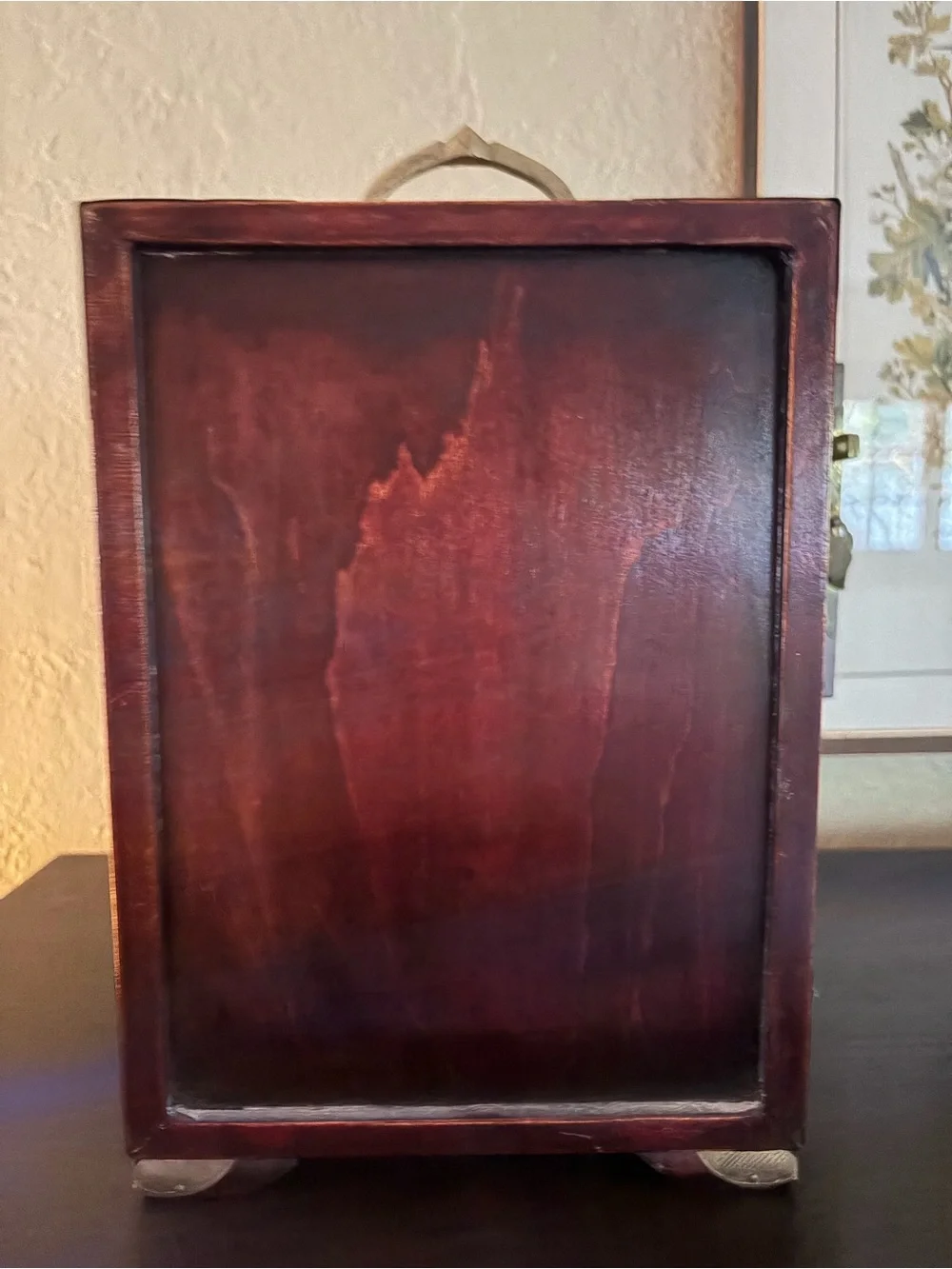 Vintage Asian  Wooden Jewelry Box with Jade-Inset Panels and Brass Details